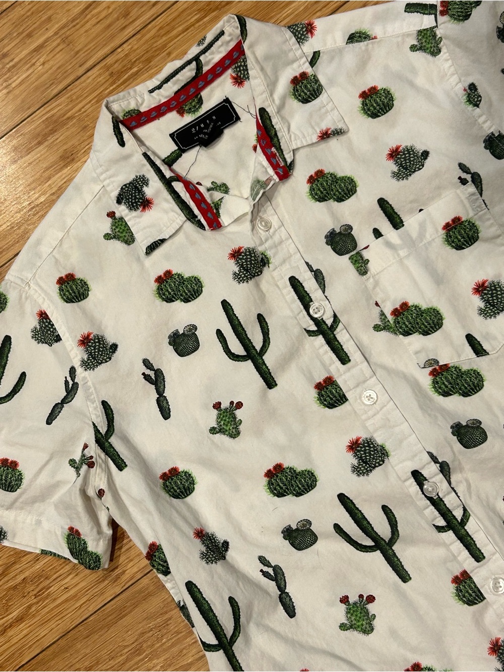 21men White Short Sleeve Button-Down with Green Cactus Print and Red Accents